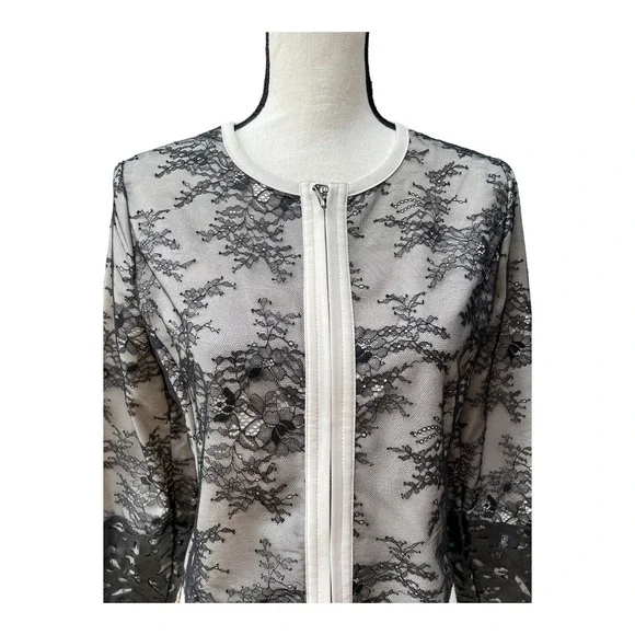 Chico's Black Label Crop Evening Jacket Floral Lace Faux Leather Cutout Sz Small - Picture 2 of 4